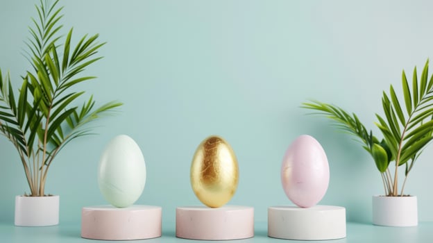 3d rendering golden, white and pink Easter eggs holiday on white round podium and mock up decorated with palm tree in studio for product and cosmetic advertising stage display photo