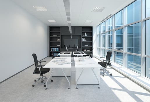 Modern office space with white desks and black chairs, large windows, and a black bookshelf. Professional interior design for business workplace. photo