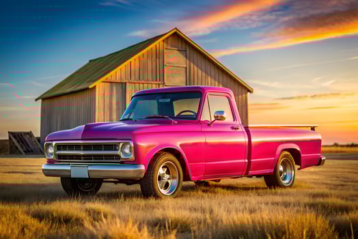 Vibrant Pink Truck Parked near a Rustic Barn at Sunset with Golden Light photo
