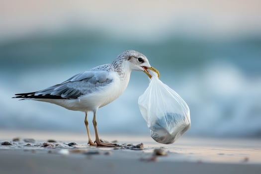 A seagull holding a plastic bag on the beach photo