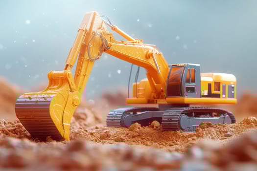 A toy excavator is sitting on top of a dirt field photo