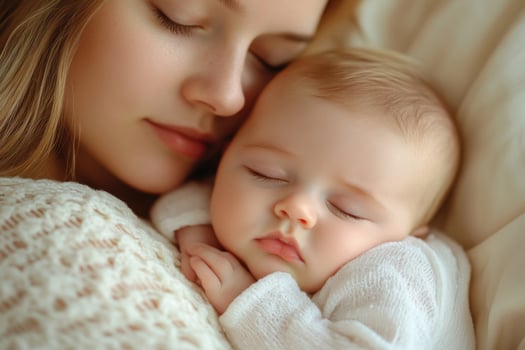 A woman is sleeping with her baby photo