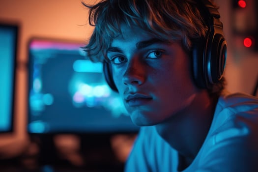 A young man wearing headphones in front of two computer monitors photo