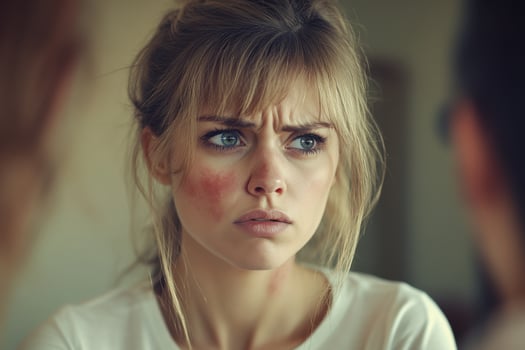 A woman with a red face and a man looking at her photo