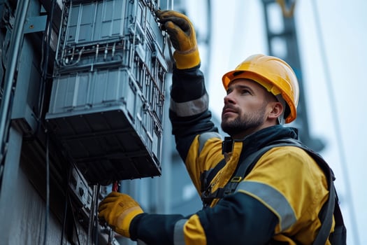 A man in a hard hat and yellow safety vest is holding a box photo
