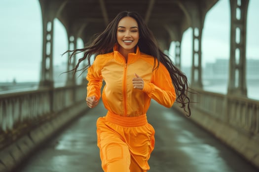 A woman in an orange outfit running on a bridge photo