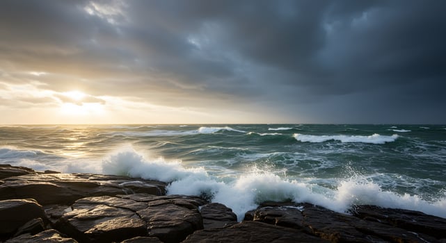 A stormy sea with waves crashing against rocks photo