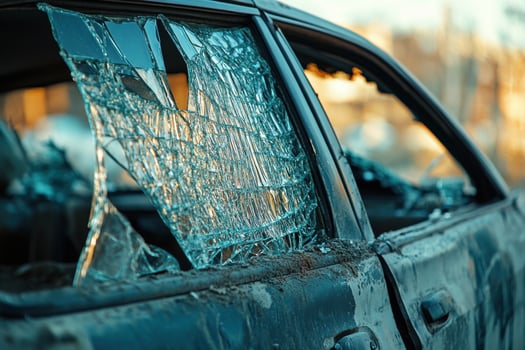 A broken car window with a shattered windshield photo