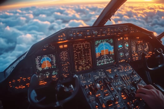 The cockpit of a plane with the sun setting behind it photo