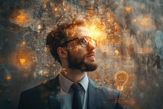 A man with glasses and a beard is looking up at a glowing light photo