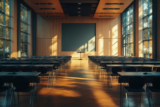Empty conference room with large windows and wooden walls photo