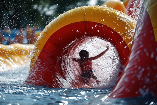 A child is riding an inflatable tube in the water photo