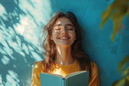 A woman is smiling while holding an open book photo