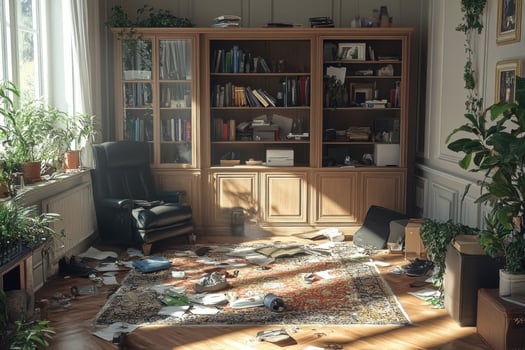 A messy room with a chair, bookshelf, and plants photo