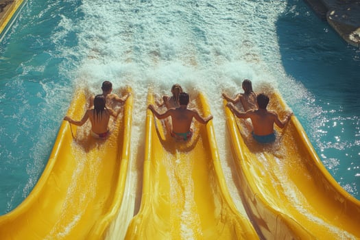 A group of people riding on a yellow water slide photo