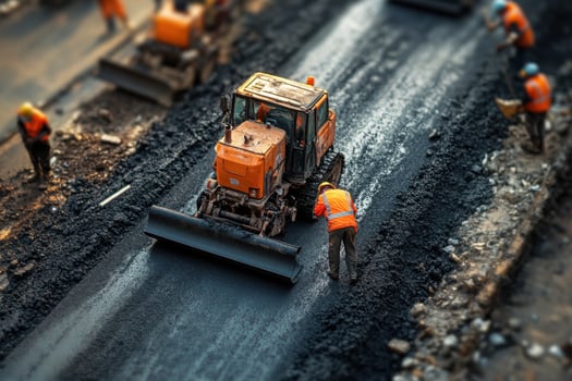 Construction workers on a road with a bulldozer photo