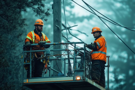 Two men in orange vests working on a power pole photo