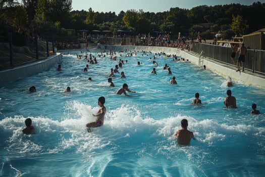 A large group of people swimming in a water park photo