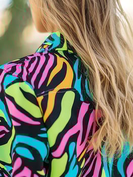 Vibrant Abstract Print Shirt with Flowing Blonde Hair. photo