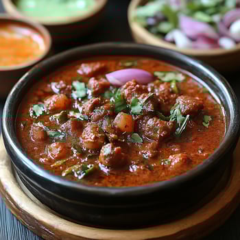 Savory Indian Curry Dish with Fresh Garnish and Side Sauces. photo