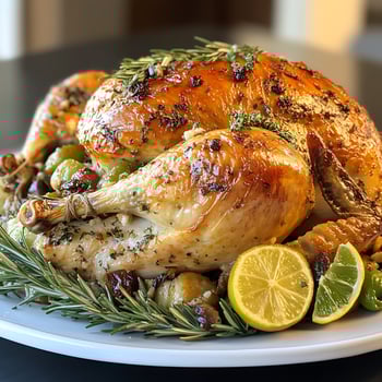 Delicious Roasted Chicken Dinner with Herbs and Lemon Slices photo