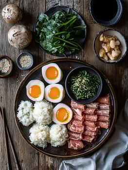 Delicious Asian Meal Platter with Soft Boiled Eggs and Ham Rolls. photo