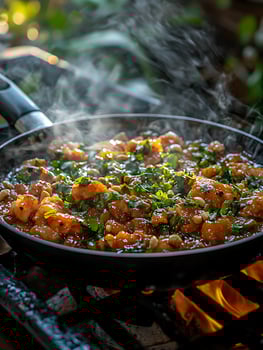 Sizzling Shrimp Stir Fry Cooking Over Open Flames with Fresh Herbs. photo