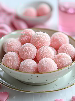 Sweet Pink Coconut Balls in a Bowl with Hearts for Valentine's Day. photo