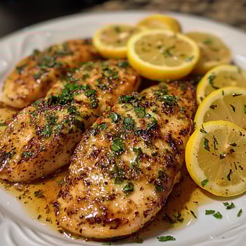 Delicious Lemon Herb Chicken Breast Fillets with Sliced Lemons and Parsley. photo