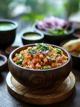Delicious Vegetarian Rice Dish with Fresh Garnish and Sides. photo