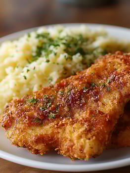 Crispy Fried Chicken Fillets with Creamy Mashed Potatoes and Parsley. photo