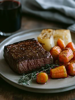 Savory Steak Dinner with Roasted Carrots and a Hint of Thyme. photo