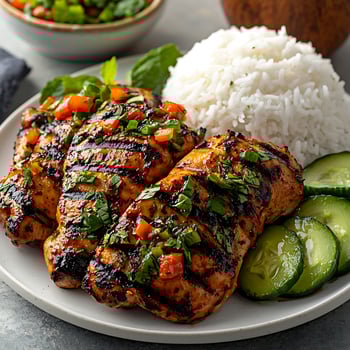 Delicious Grilled Chicken With Rice and Fresh Cucumber Slices. photo