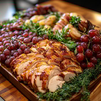 Delicious Sliced Roast Chicken And Grapes With Herbs On A Wooden Platter. photo