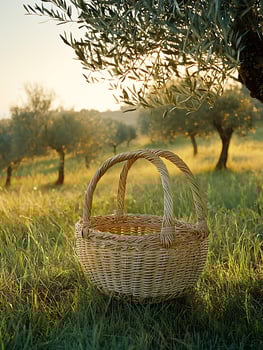 A Wicker Basket Awaits Harvest Under Golden Sunlight in an Olive Grove photo
