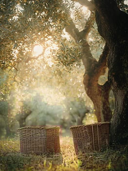 Golden Sunlight Through Olive Branches Illuminates Harvest Baskets. photo