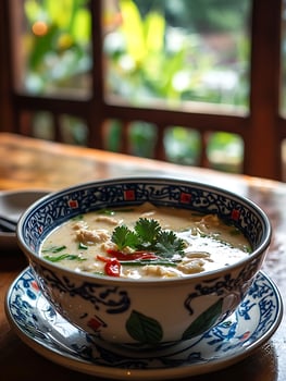 Savory Thai Coconut Chicken Soup served in a beautiful ceramic bowl. photo