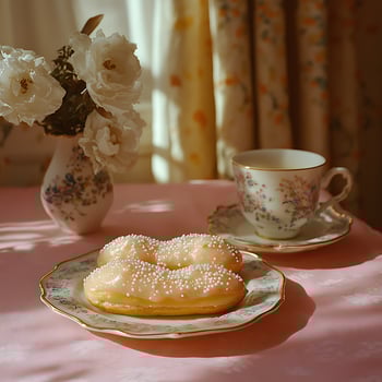 Delicate Pastry Moment Sweet Doughnuts and Floral Tea Set in Soft Light. photo