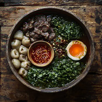 Delicious Asian Noodle Soup with Fresh Greens and Soft Boiled Egg. photo