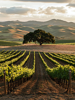 Iconic Oak Tree Overlooking Rolling Vineyards at Sunset. photo