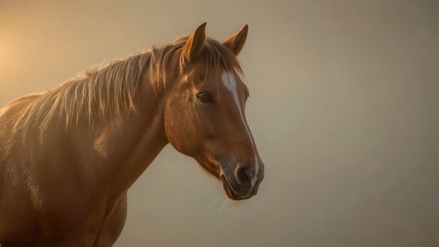 Chestnut Horse in Golden Hour Light, Misty Morning, Water Droplets photo