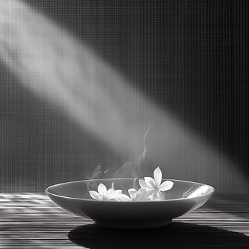 Serene Moment White Flowers Float in Steaming Bowl with Dramatic Light. photo
