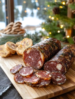 Festive Holiday Charcuterie Board with Cured Meats and Baked Goods. photo