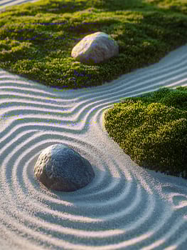 Serene Zen Garden with Smooth Stones and Raked Sand Waves. photo