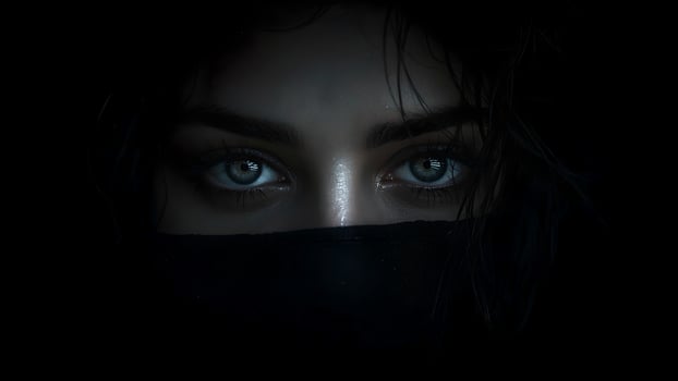 Close Up Portrait Mysterious Woman Grey Green Eyes Dark Cloth Dramatic Lighting photo