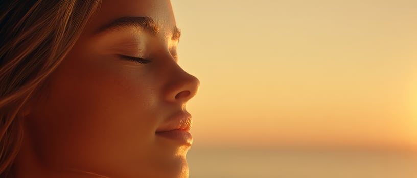 A calm person breathes deeply with closed eyes under the warm golden light of the setting sun near the ocean. photo