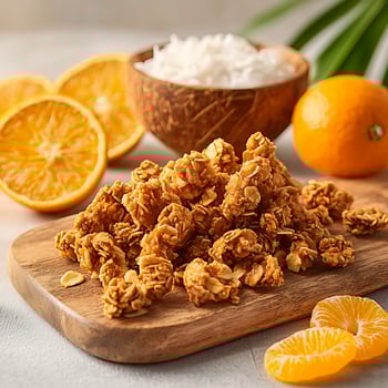 Delicious Granola Clusters With Fresh Oranges and Coconut Bowl. photo