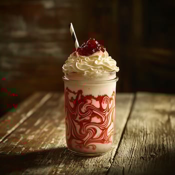 Delicious Strawberry Swirl Milkshake Topped with Cream and Fruit. photo