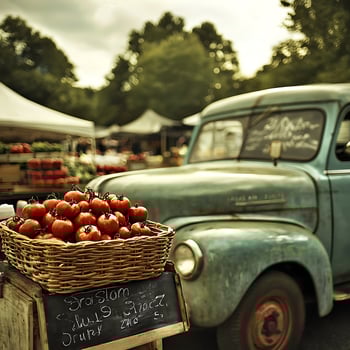 Fresh Tomatoes at the Farmers Market displayed in a basket beside an old truck. photo