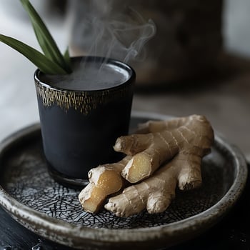 Steaming Ginger Drink with Fresh Roots and a Touch of Green. photo